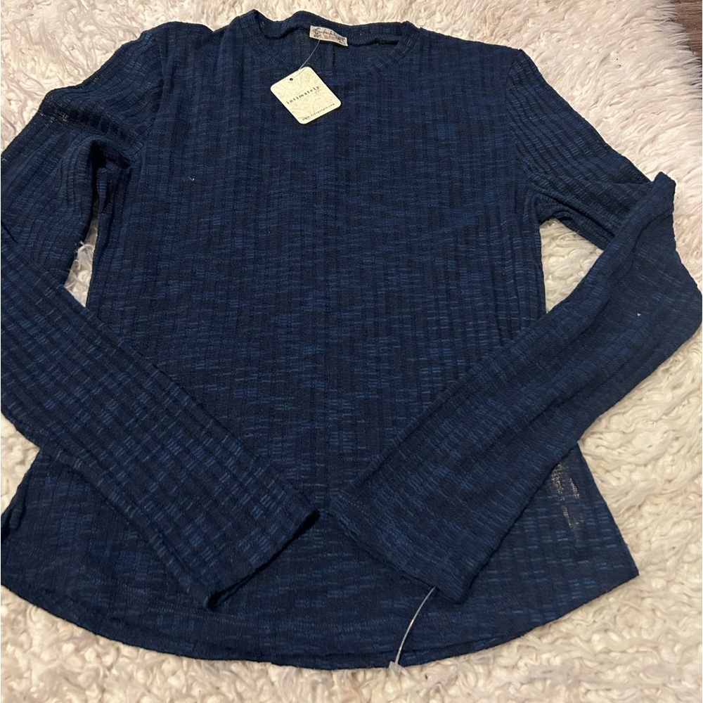 INTIMATELY FREE PEOPLE Women's Sheer Long Sleeve Ribbed Stretch Top Navy  NWT #1